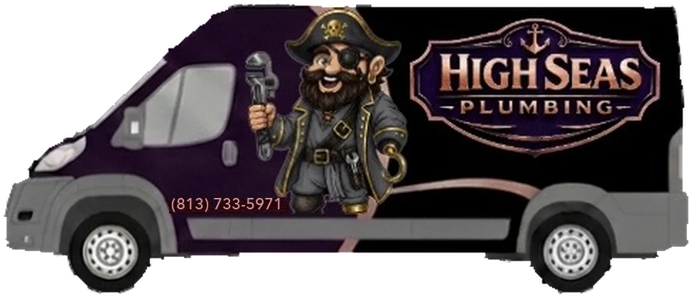 A wrapped High Seas Plumbing service van, driver side