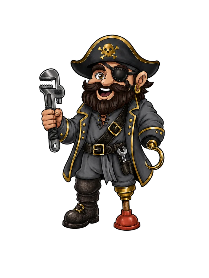 The High Seas Plumbing mascot — a pirate plumber with a pipe wrench
